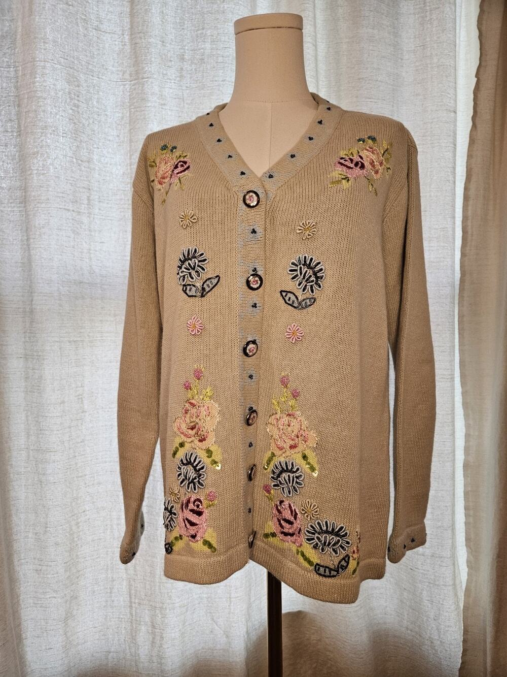 Storybook Knits Tan Ramie + Cotton Floral Embroidered Roses Cardigan sz M EUC